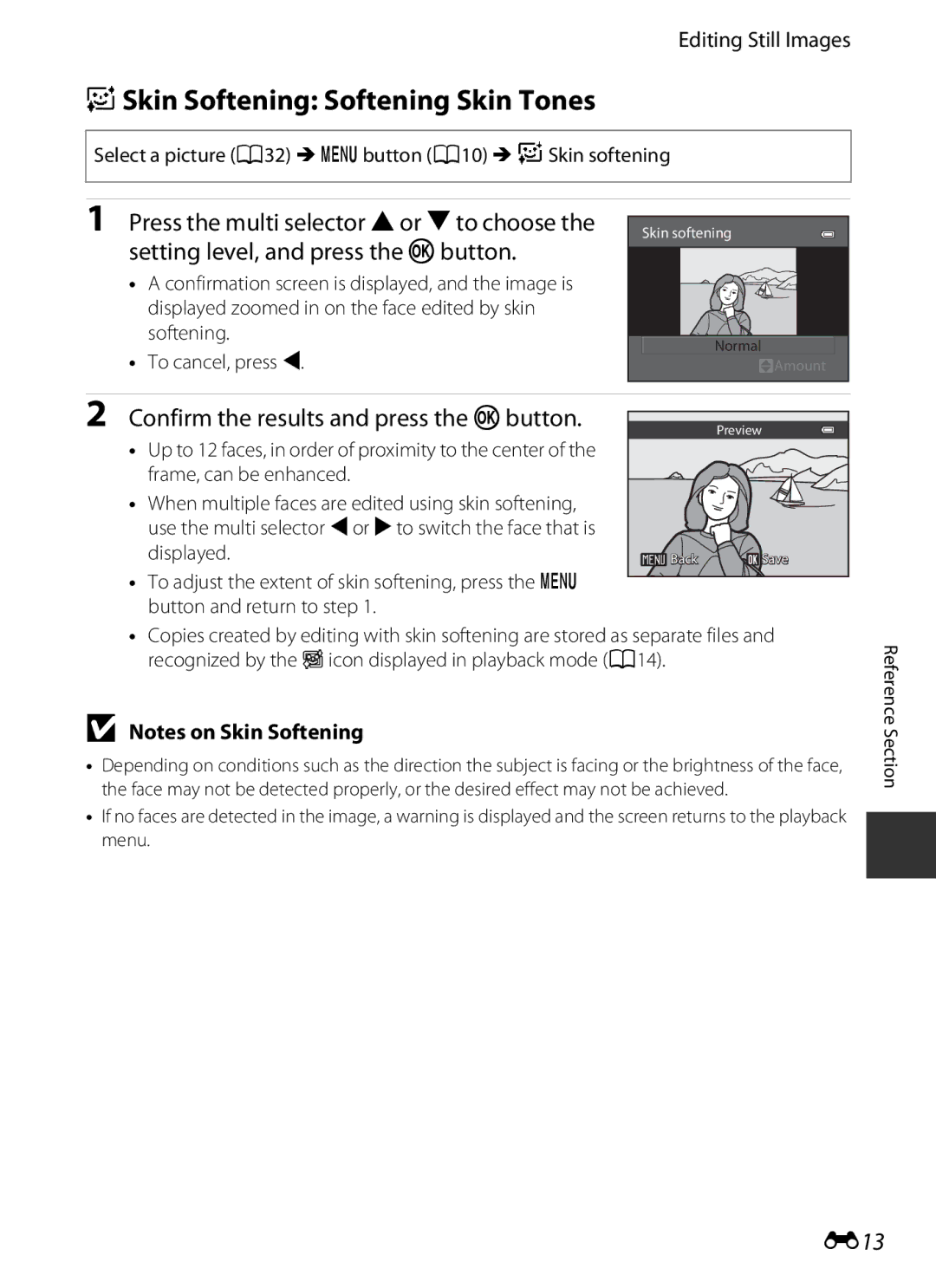 Nikon COOLPIXP7700BLK manual ESkin Softening Softening Skin Tones, Press the multi selector Hor Ito choose, E13 