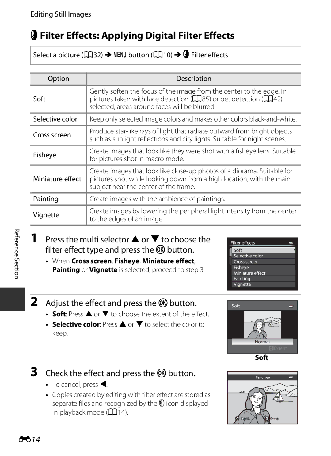 Nikon P7700 manual PFilter Effects Applying Digital Filter Effects, Adjust the effect and press the kbutton, E14, Soft 