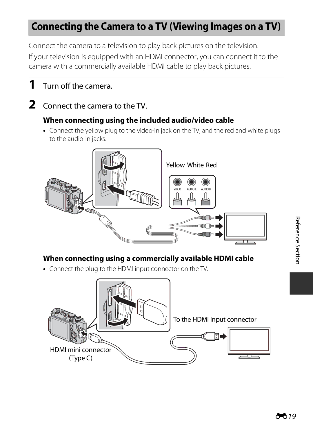 Nikon COOLPIXP7700BLK manual Turn off the camera Connect the camera to the TV, E19 