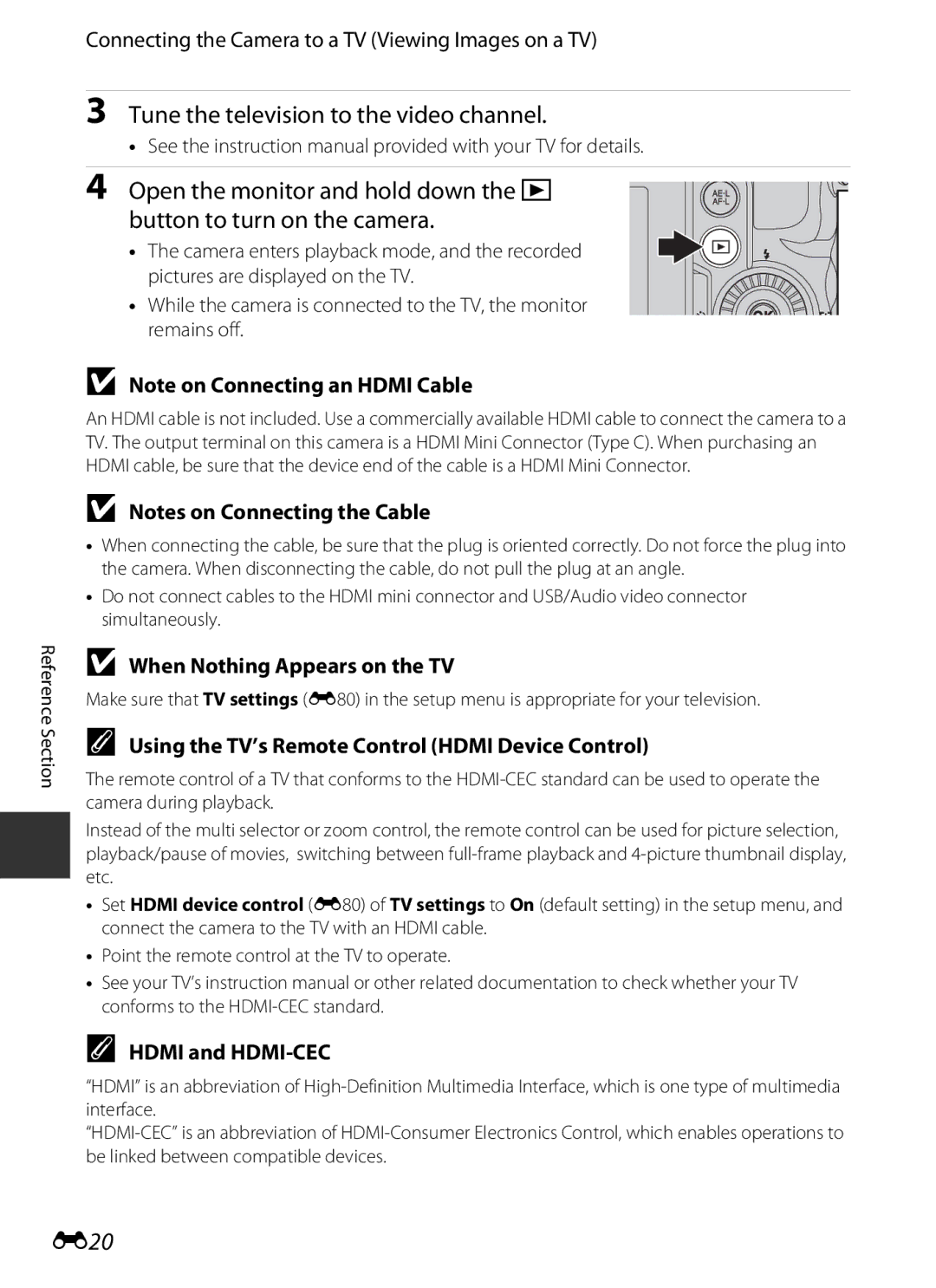 Nikon P7700 E20, Connecting the Camera to a TV Viewing Images on a TV, When Nothing Appears on the TV, Hdmi and HDMI-CEC 