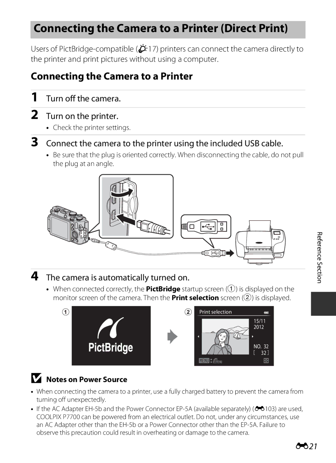 Nikon COOLPIXP7700BLK manual Connecting the Camera to a Printer Direct Print, Turn off the camera Turn on the printer, E21 