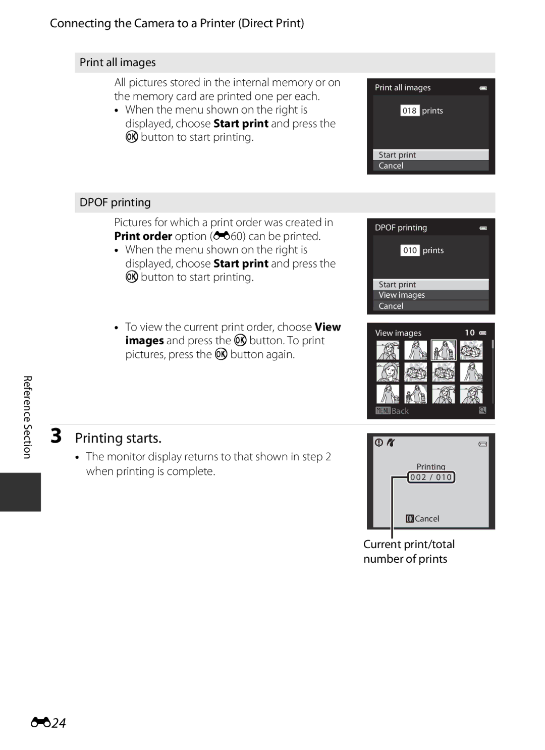 Nikon COOLPIXP7700BLK manual E24, Print all images, Current print/total number of prints 