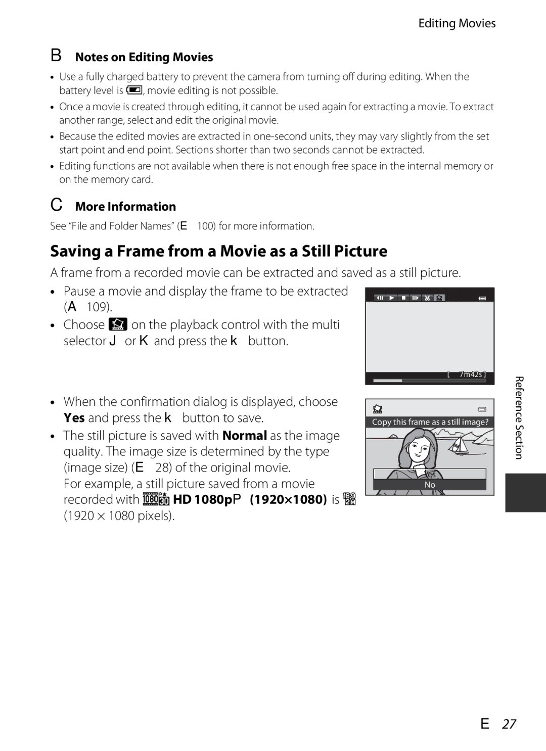 Nikon COOLPIXP7700BLK manual Saving a Frame from a Movie as a Still Picture, E27, Editing Movies 
