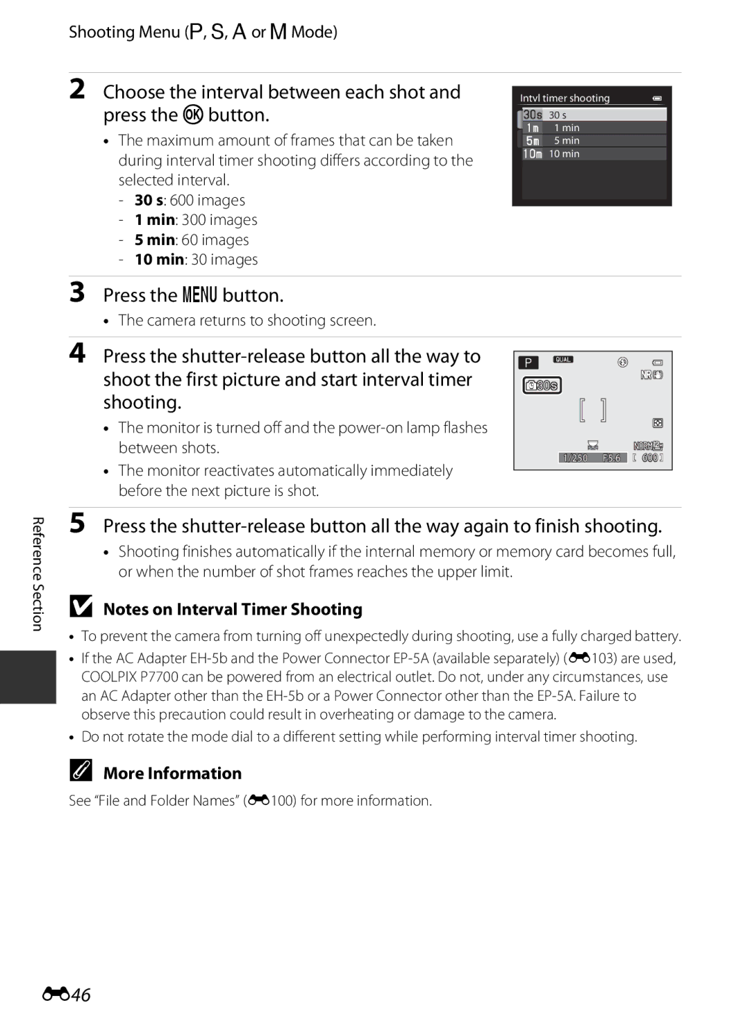 Nikon P7700 manual Choose the interval between each shot and press the kbutton, E46, Camera returns to shooting screen 