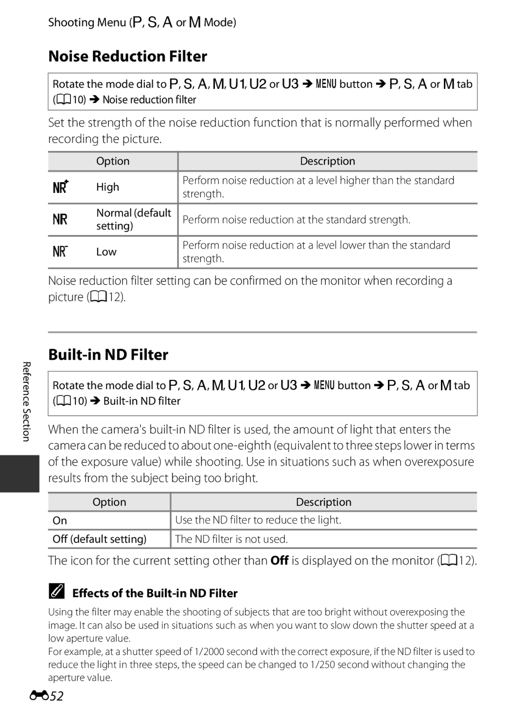 Nikon COOLPIXP7700BLK manual Noise Reduction Filter, E52, Effects of the Built-in ND Filter 