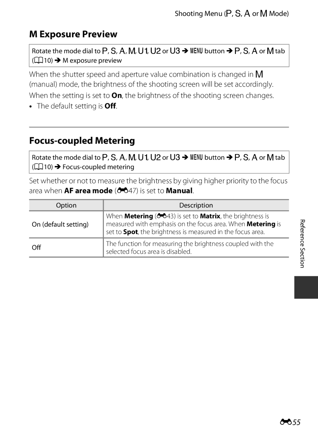 Nikon COOLPIXP7700BLK manual Exposure Preview, Focus-coupled Metering, E55, Default setting is Off 