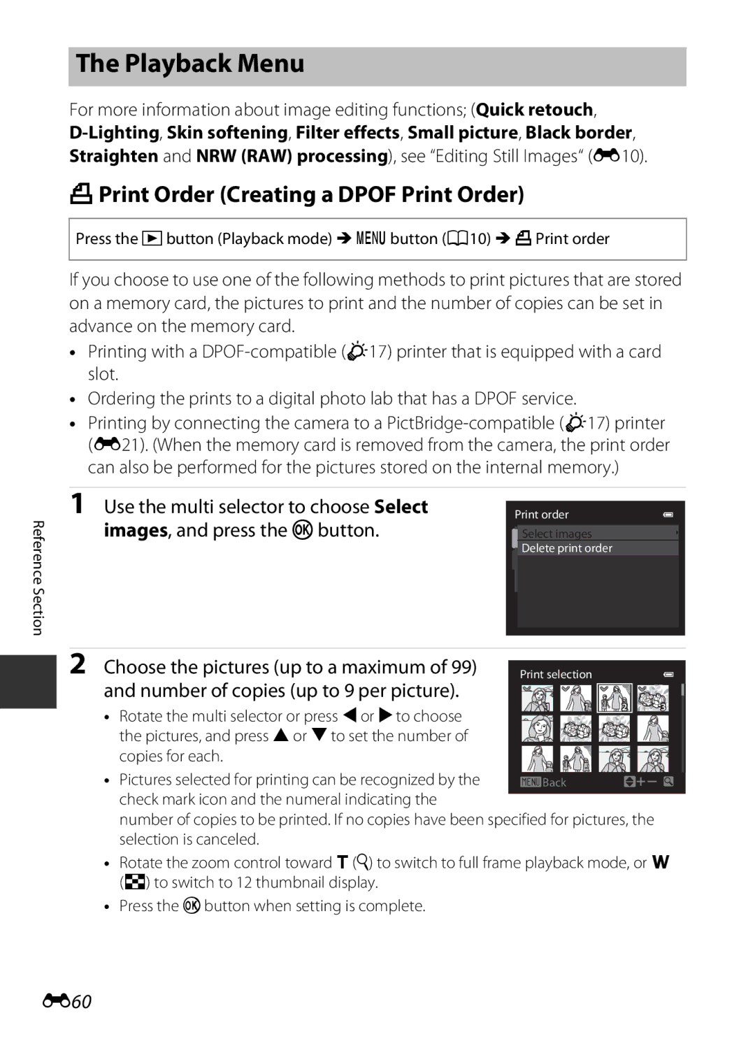 Nikon P7700 manual Playback Menu, APrint Order Creating a Dpof Print Order, Use the multi selector to choose Select, E60 