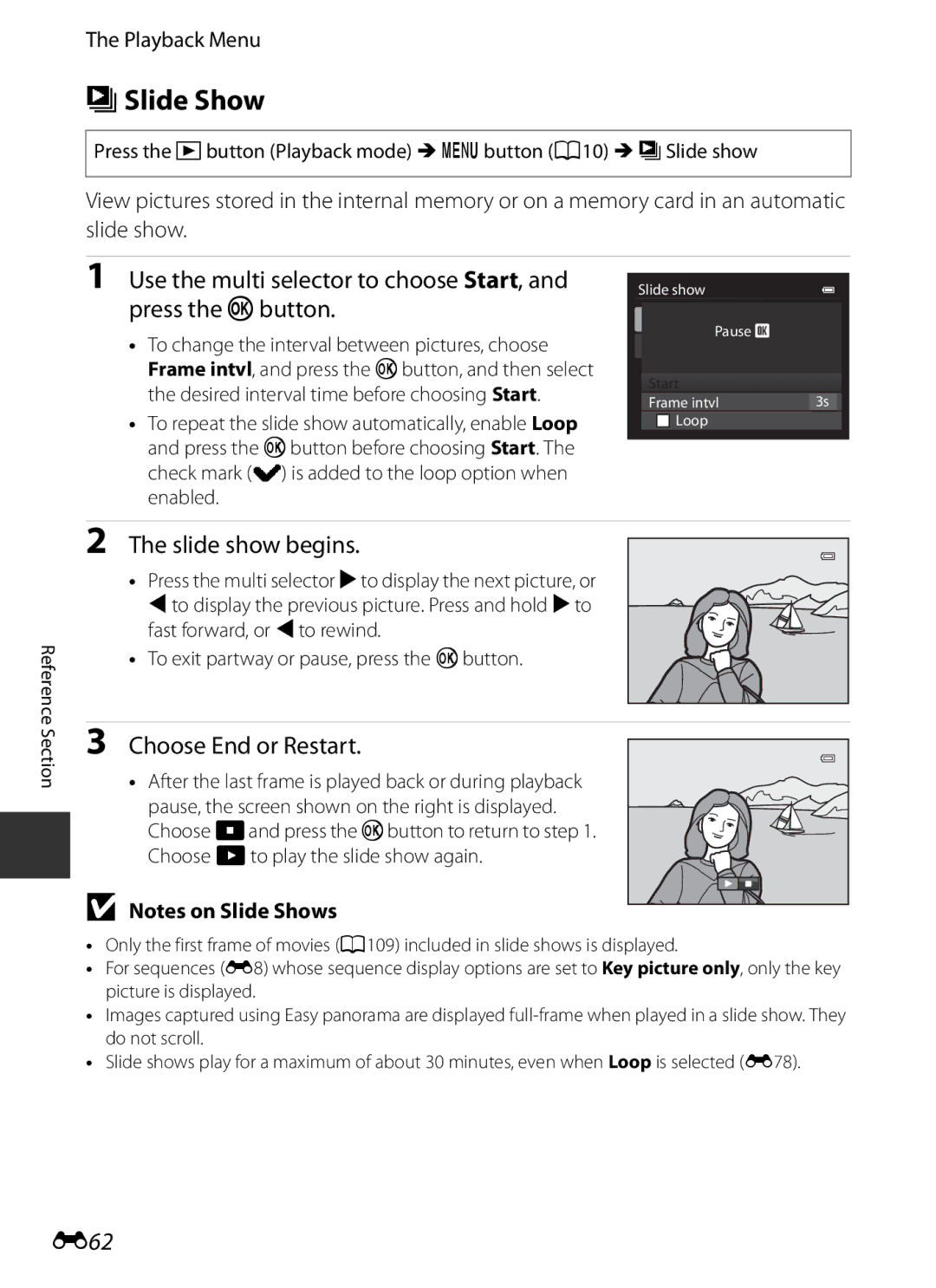 Nikon COOLPIXP7700BLK manual BSlide Show, Slide show begins, Choose End or Restart, E62 