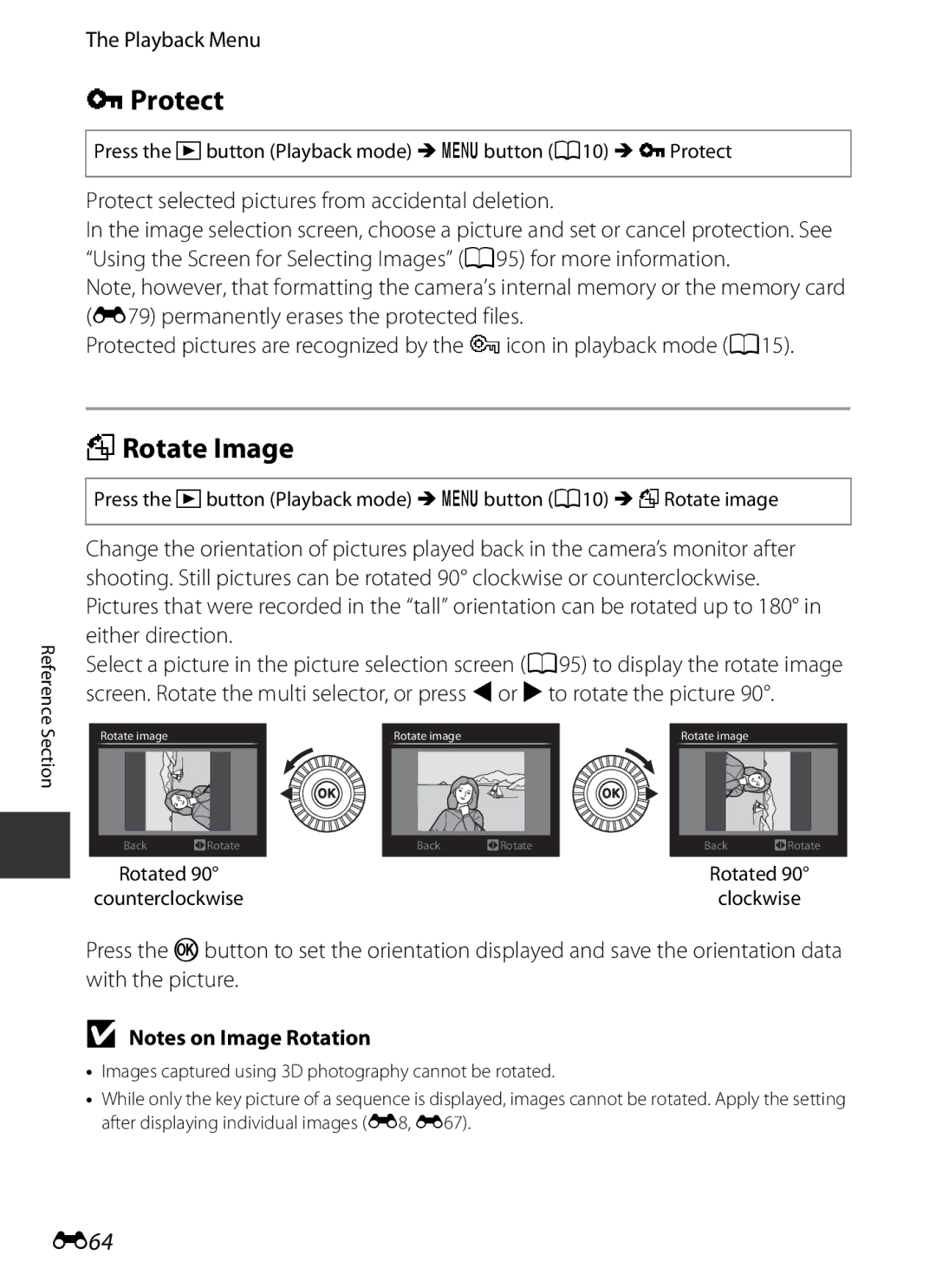 Nikon COOLPIXP7700BLK manual FRotate Image, E64, Protect selected pictures from accidental deletion 