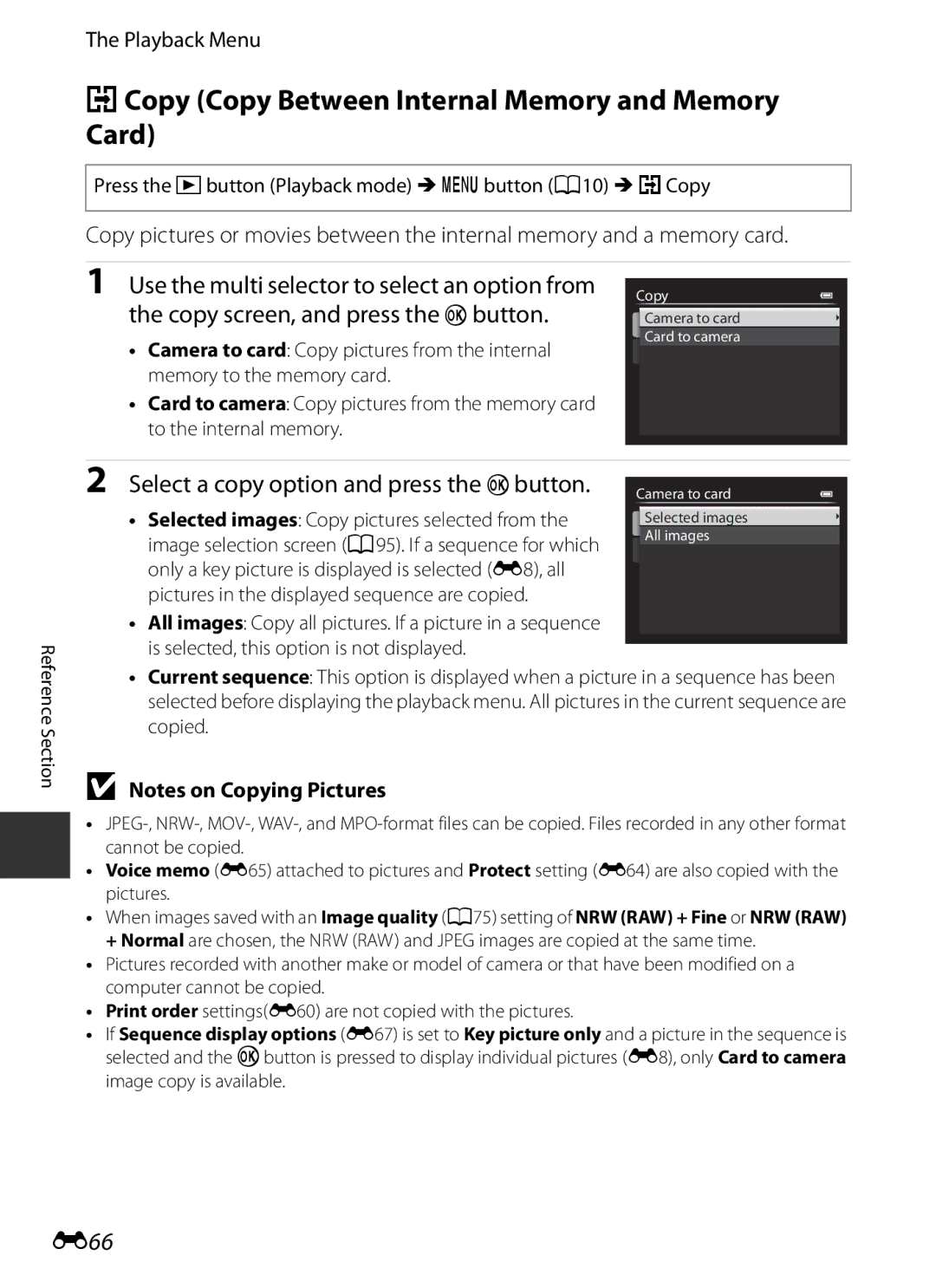 Nikon P7700 manual HCopy Copy Between Internal Memory and Memory Card, Select a copy option and press the kbutton, E66 