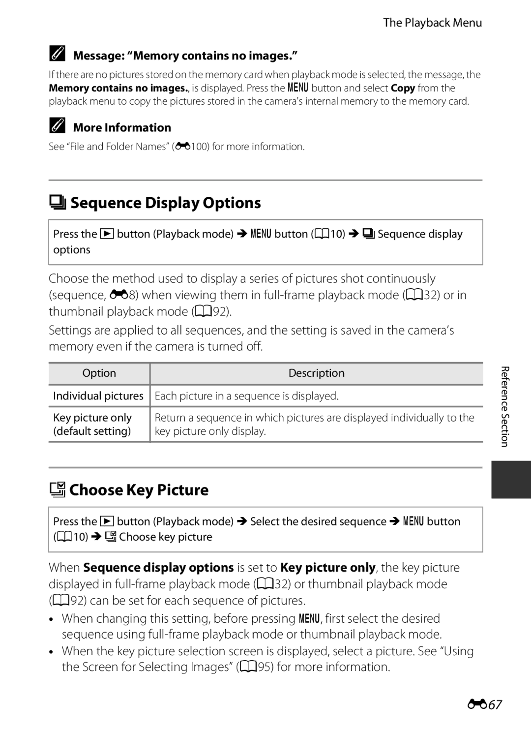 Nikon COOLPIXP7700BLK manual CSequence Display Options, XChoose Key Picture, E67, Message Memory contains no images 