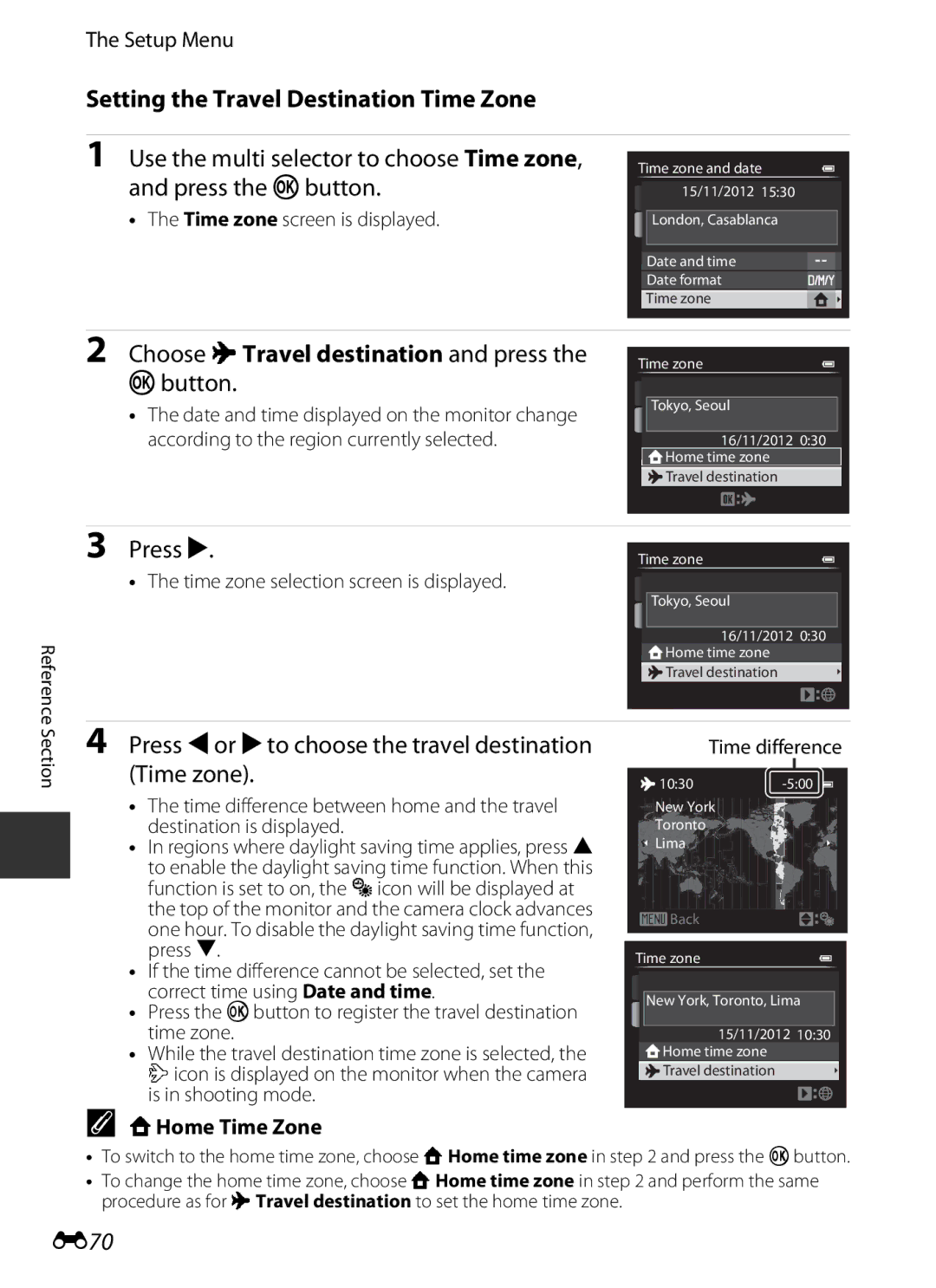 Nikon P7700 manual Setting the Travel Destination Time Zone, Choose xTravel destination and press Button, Press K, E70 