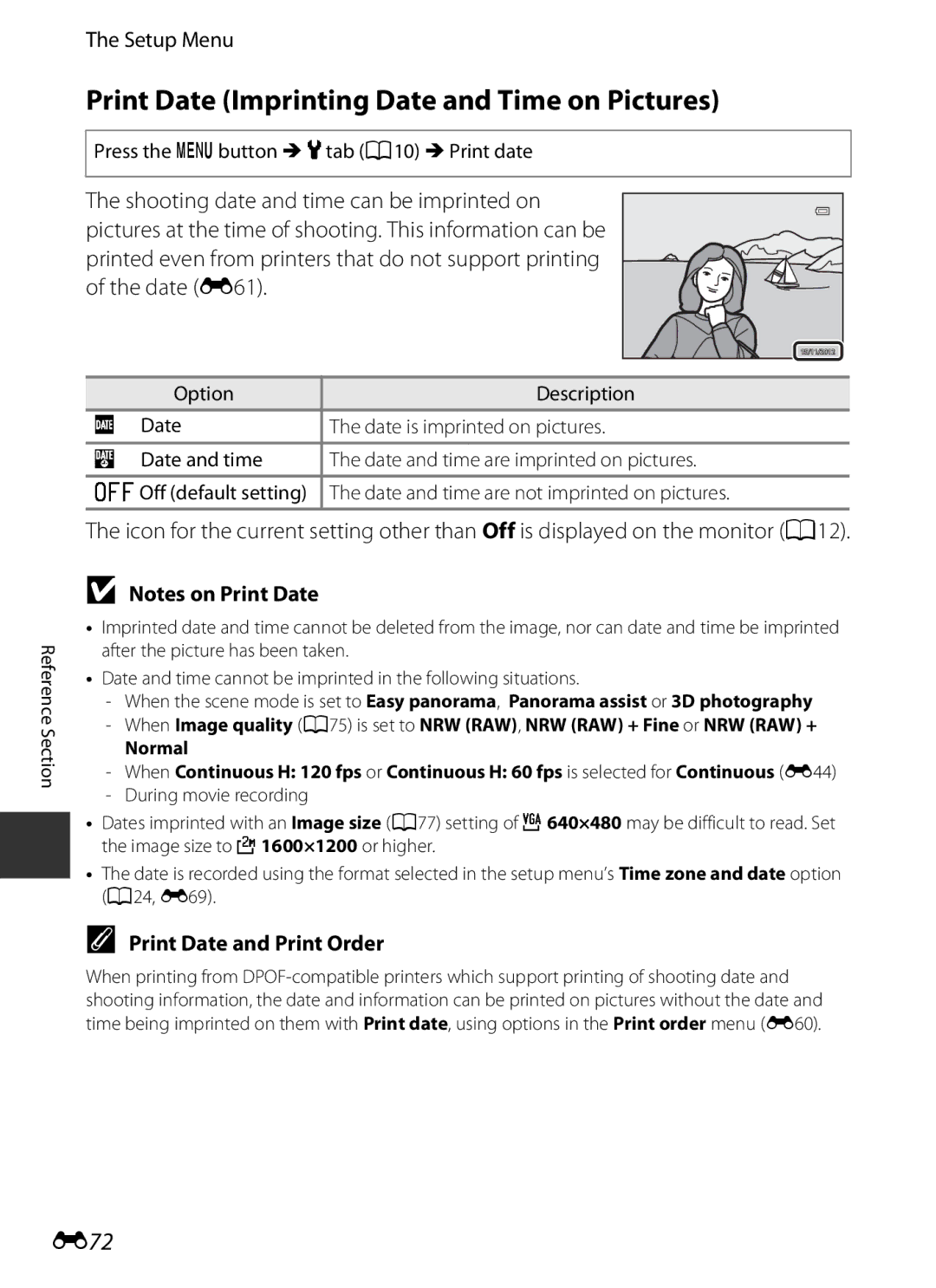 Nikon COOLPIXP7700BLK manual Print Date Imprinting Date and Time on Pictures, E72, Print Date and Print Order 