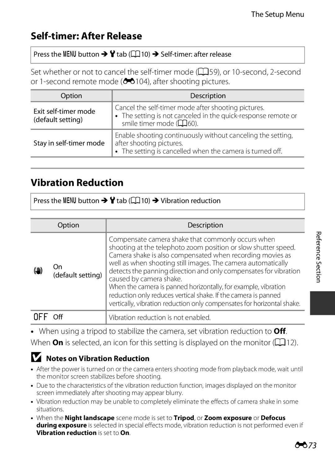 Nikon COOLPIXP7700BLK manual Self-timer After Release, Vibration Reduction, E73 