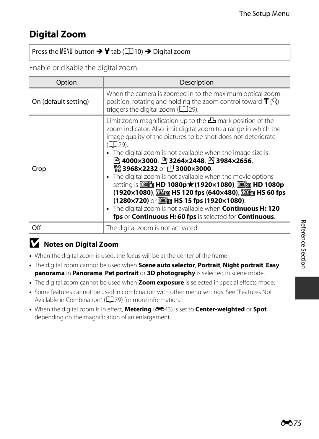 Nikon COOLPIXP7700BLK manual Digital Zoom, E75, Enable or disable the digital zoom 