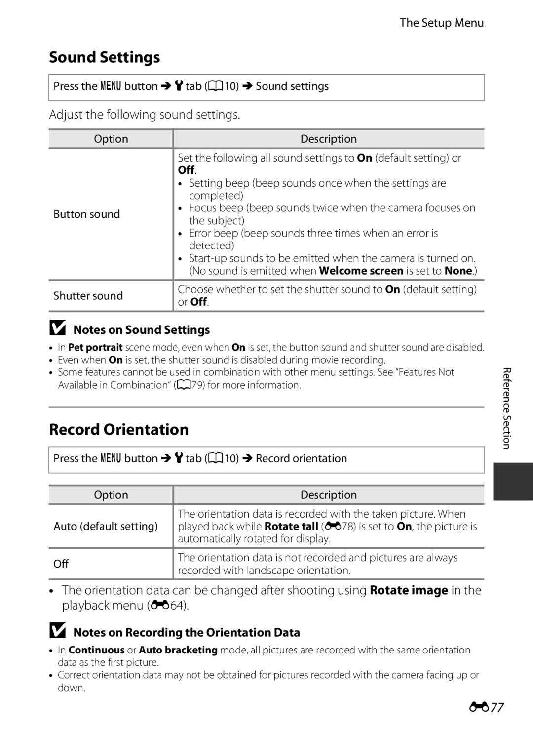 Nikon COOLPIXP7700BLK manual Sound Settings, Record Orientation, E77, Adjust the following sound settings, Off 