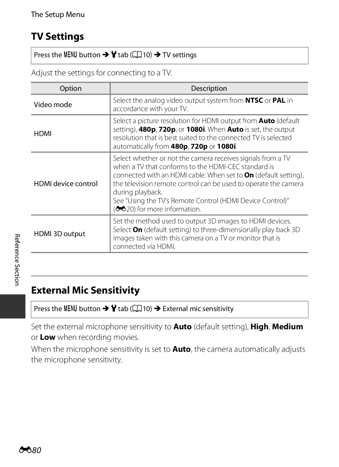 Nikon COOLPIXP7700BLK manual TV Settings, External Mic Sensitivity, E80, Adjust the settings for connecting to a TV 