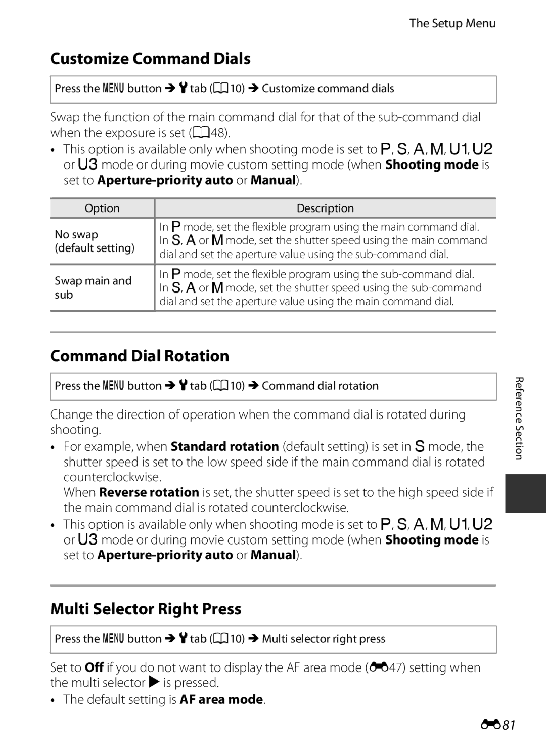 Nikon COOLPIXP7700BLK manual Customize Command Dials, Command Dial Rotation, Multi Selector Right Press, E81 