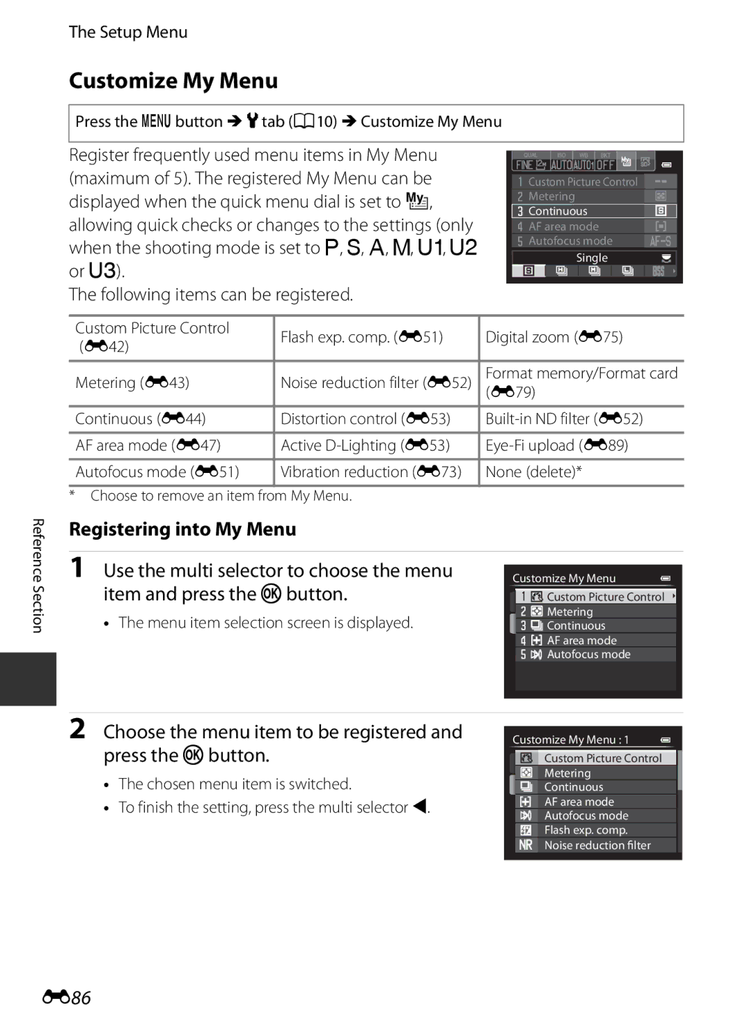 Nikon P7700 Customize My Menu, Registering into My Menu, Choose the menu item to be registered and press the kbutton, E86 