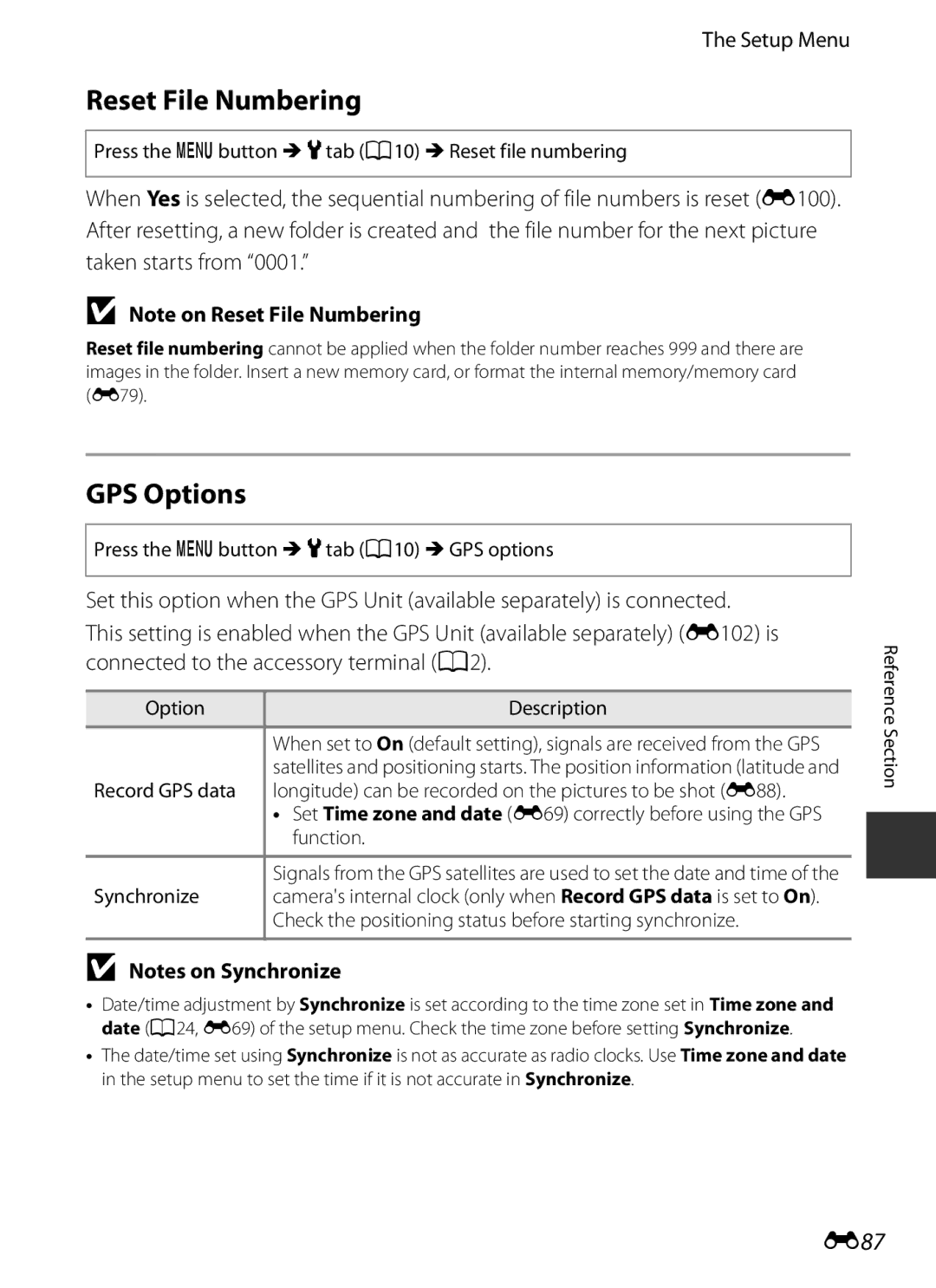 Nikon COOLPIXP7700BLK manual Reset File Numbering, GPS Options, E87 