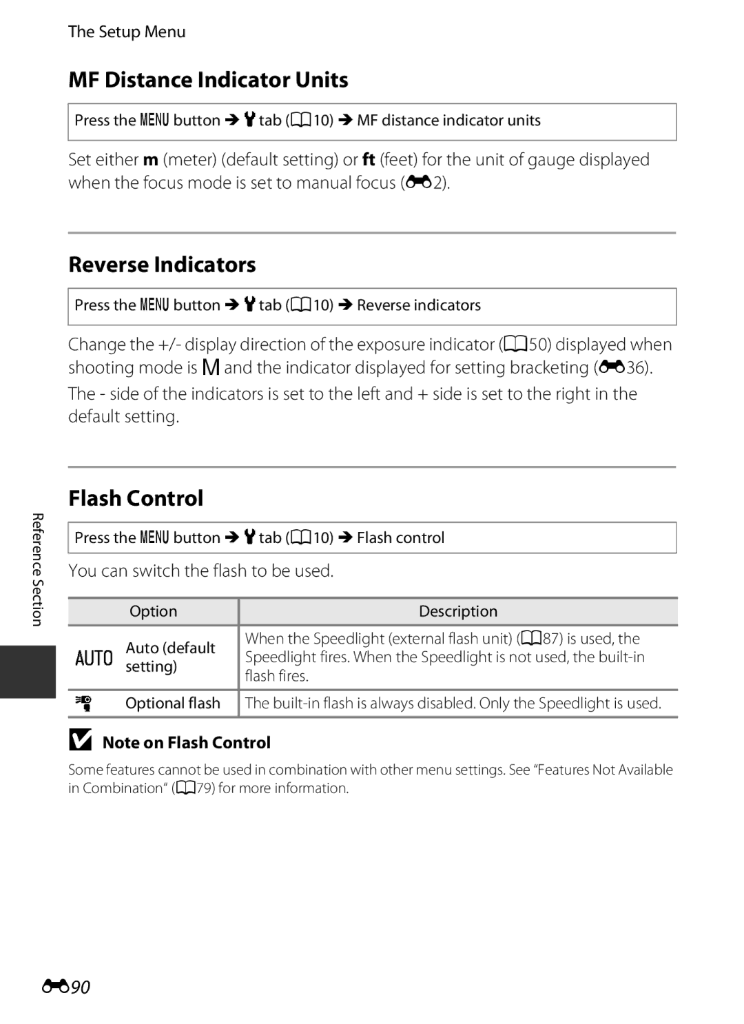 Nikon P7700 manual MF Distance Indicator Units, Reverse Indicators, Flash Control, E90, You can switch the flash to be used 
