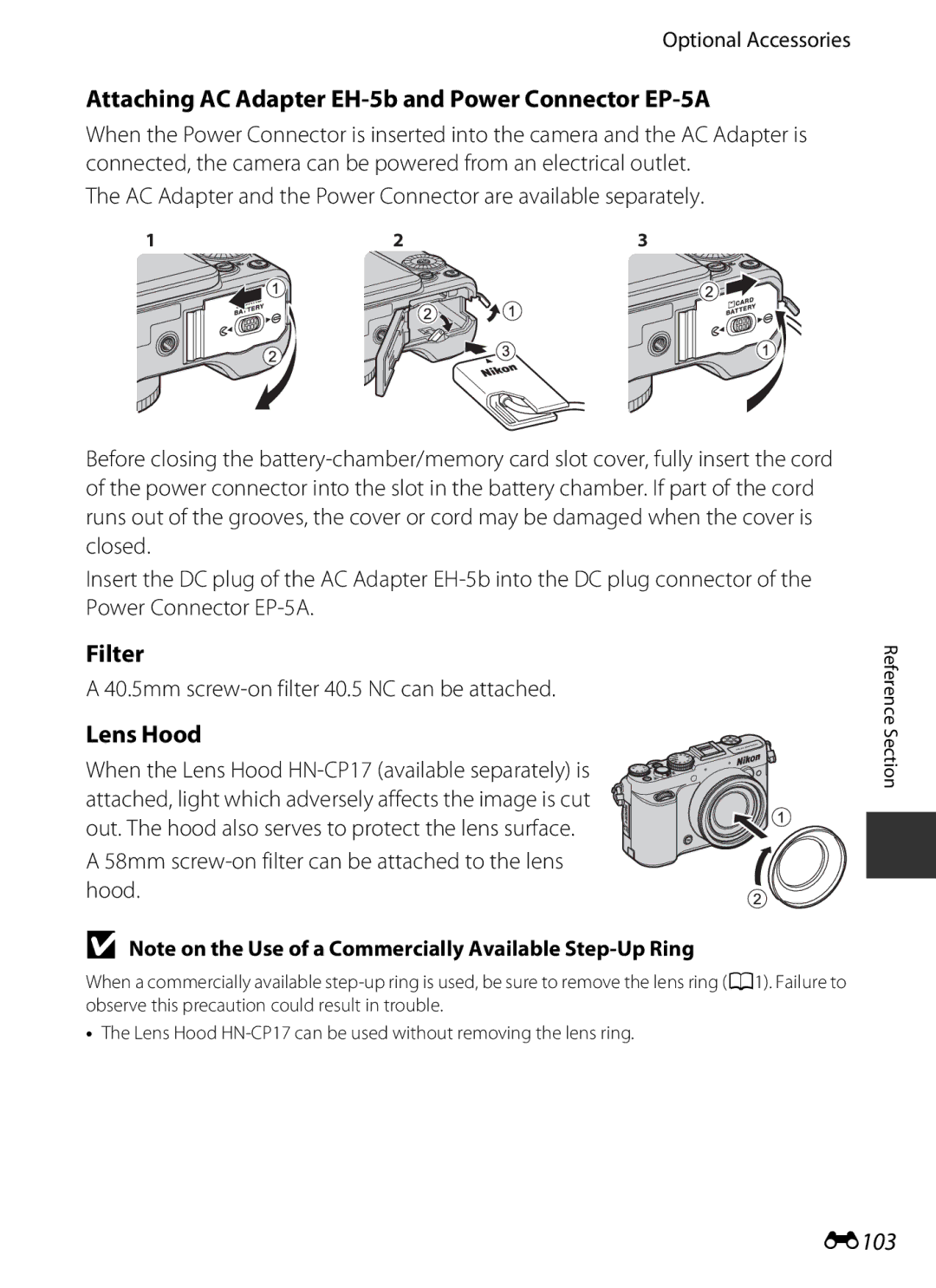 Nikon COOLPIXP7700BLK manual Attaching AC Adapter EH-5b and Power Connector EP-5A, Filter, Lens Hood, E103 