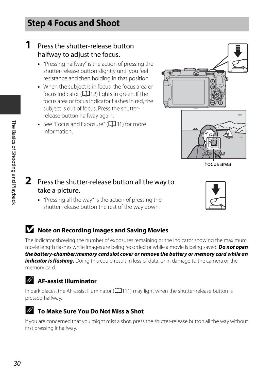 Nikon COOLPIXP7700BLK manual Focus and Shoot, AF-assist Illuminator, To Make Sure You Do Not Miss a Shot, Focus area 