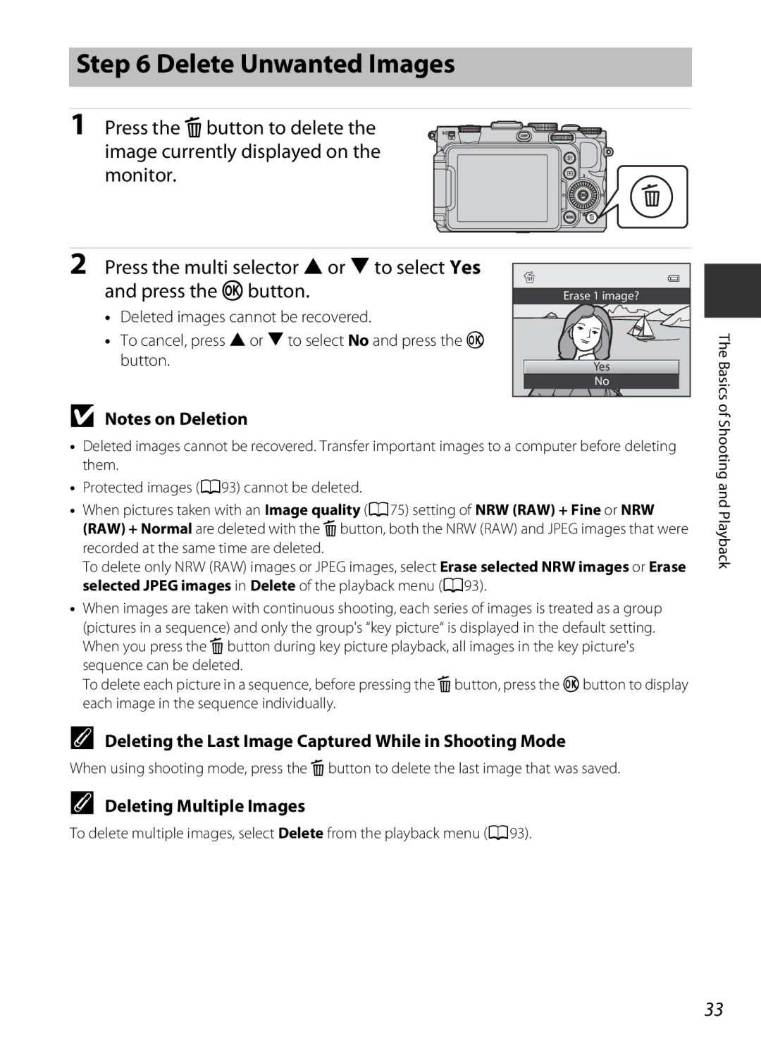 Nikon COOLPIXP7700BLK manual Delete Unwanted Images, Deleting the Last Image Captured While in Shooting Mode 