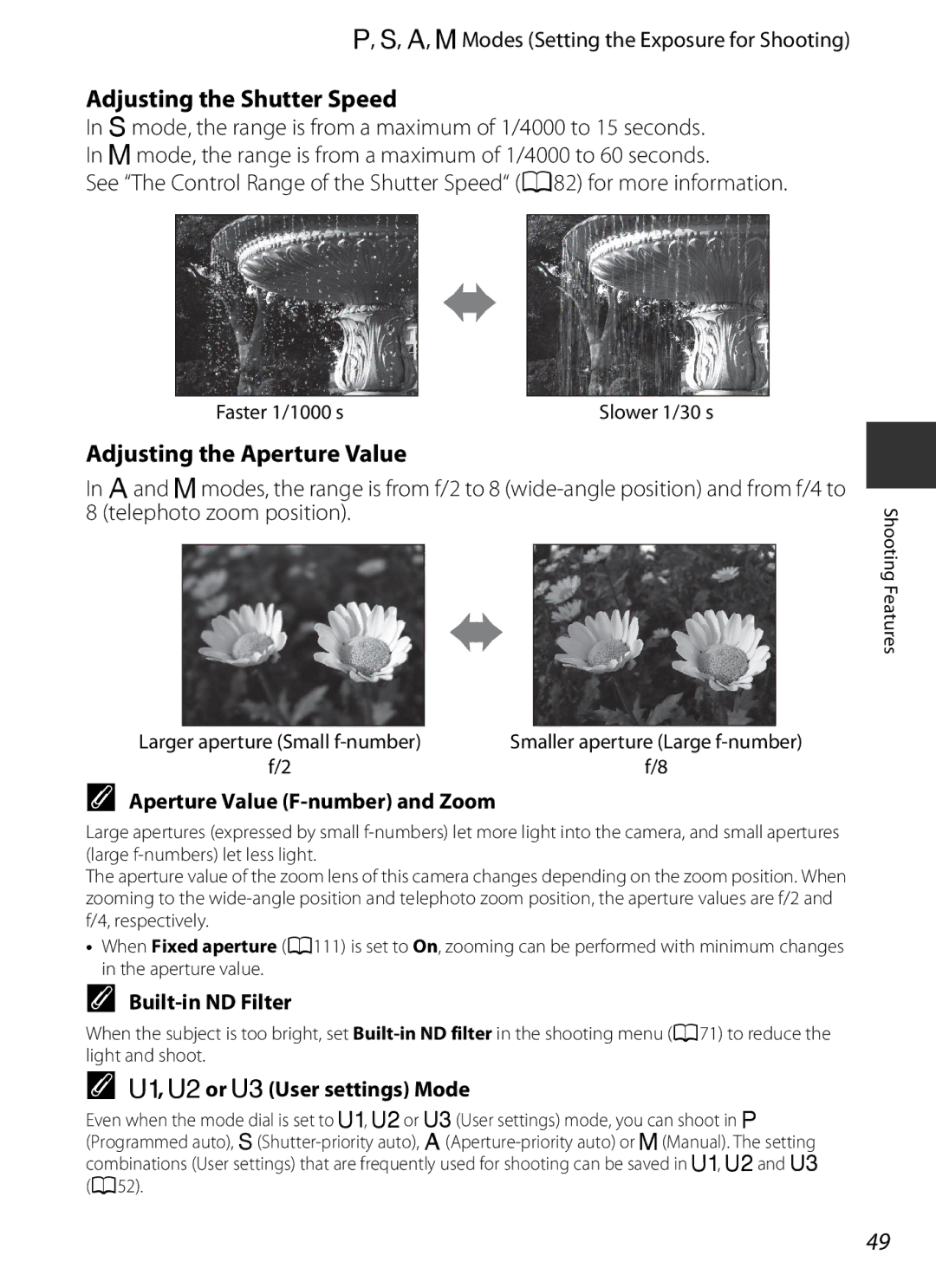 Nikon COOLPIXP7700BLK manual Adjusting the Shutter Speed, Adjusting the Aperture Value, Aperture Value F-number and Zoom 