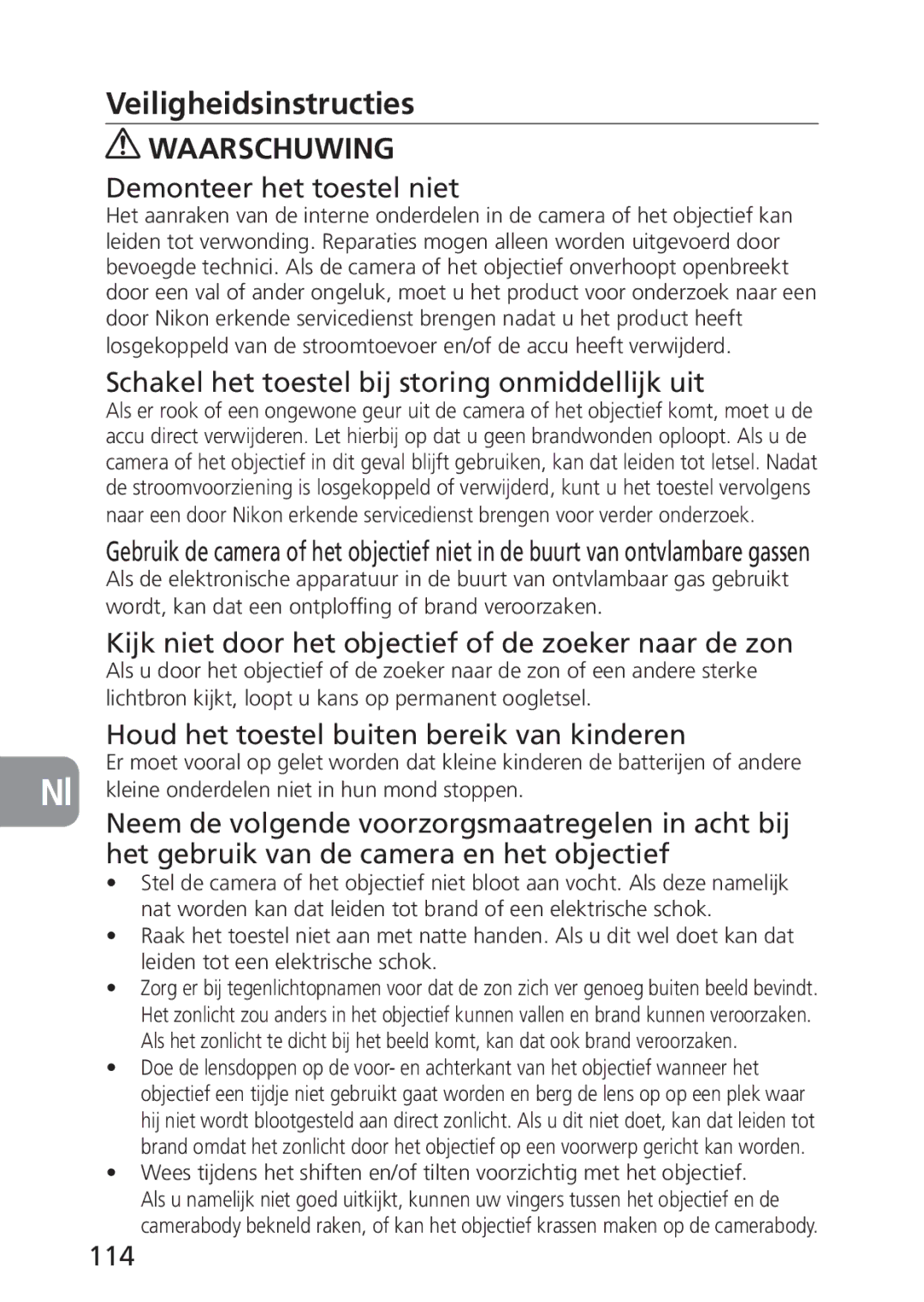 Nikon PC-E, 2168 user manual Veiligheidsinstructies 