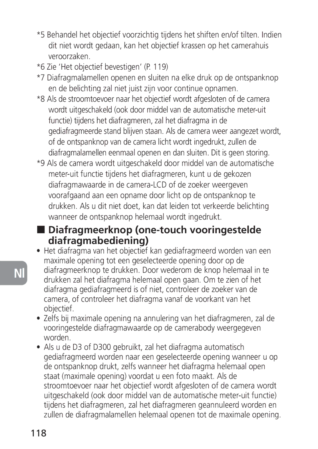 Nikon PC-E, 2168 user manual Diafragmeerknop one-touch vooringestelde diafragmabediening, 118, Objectief 