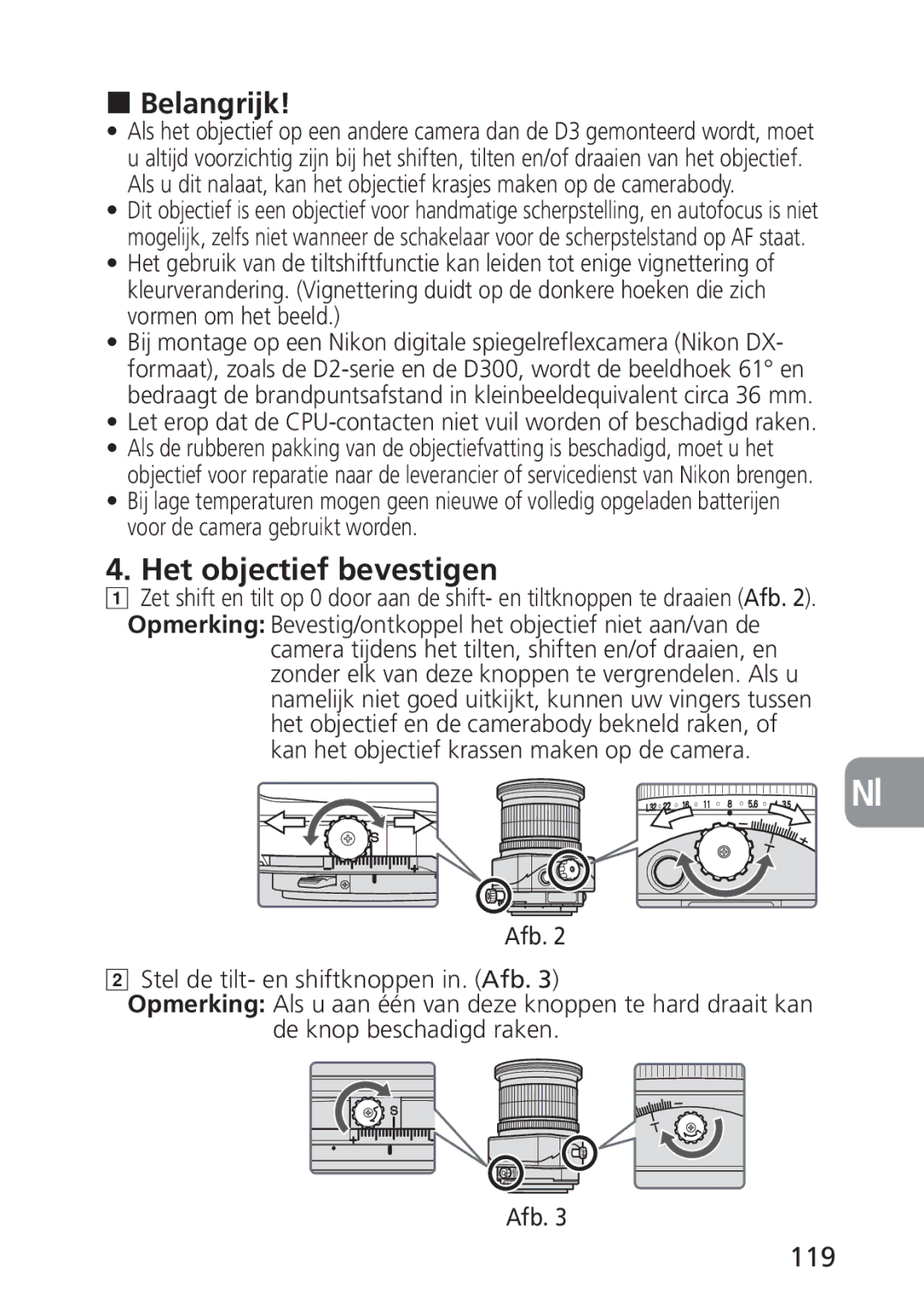 Nikon 2168, PC-E user manual Belangrijk, Het objectief bevestigen, 119 