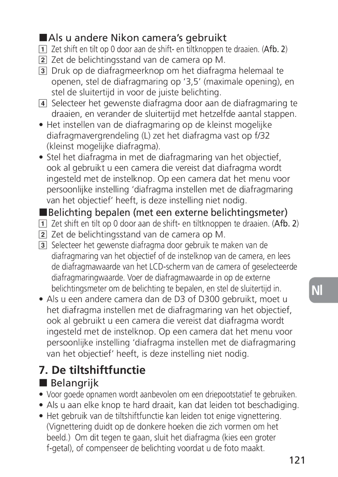 Nikon 2168, PC-E user manual De tiltshiftfunctie, Als u andere Nikon camera’s gebruikt, Belangrijk, 121 