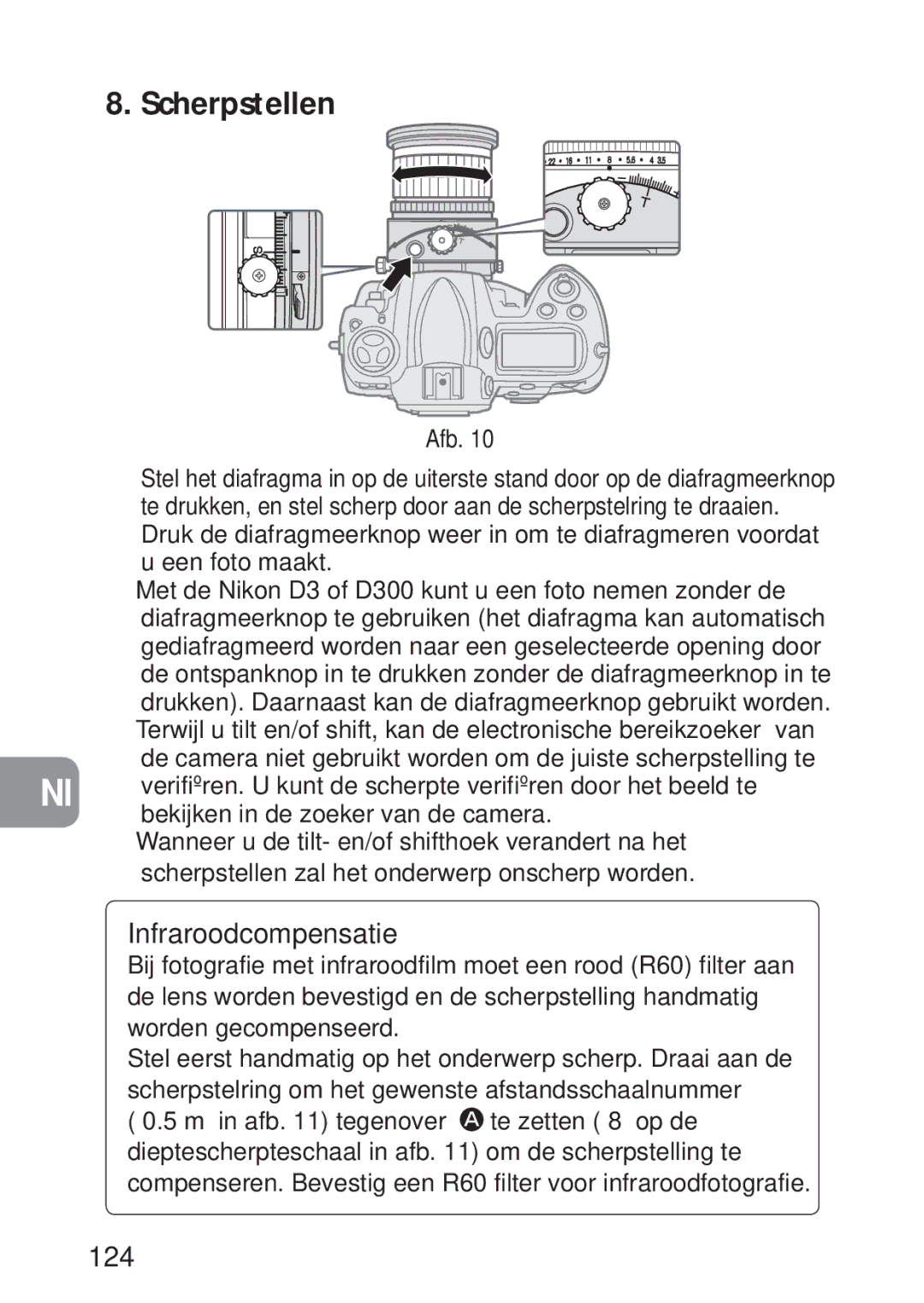 Nikon PC-E, 2168 user manual Scherpstellen, Infraroodcompensatie, 124, Bekijken in de zoeker van de camera 