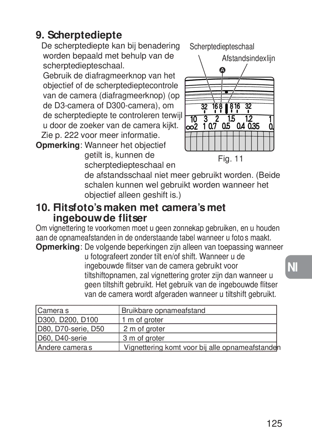 Nikon 2168, PC-E user manual Flitsfoto’s maken met camera’s met ingebouwde flitser, 125, Scherptediepteschaal 