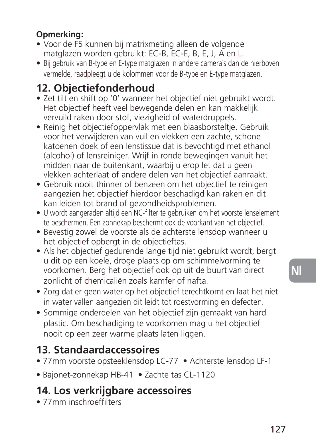 Nikon 2168, PC-E user manual Objectiefonderhoud, Standaardaccessoires, Los verkrijgbare accessoires, 127, Opmerking 