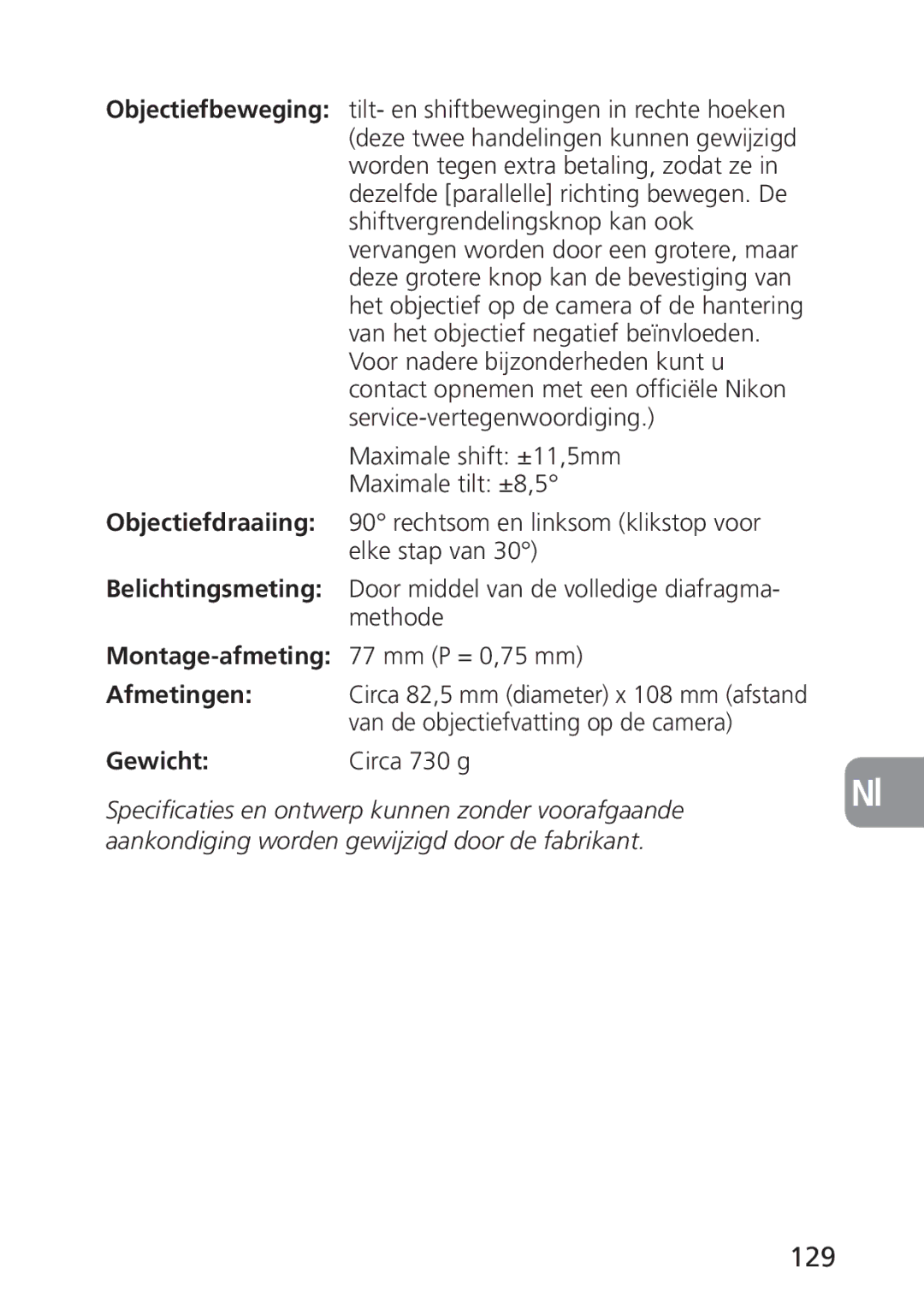 Nikon 2168, PC-E user manual 129, Objectiefdraaiing, Belichtingsmeting, Montage-afmeting, Afmetingen 