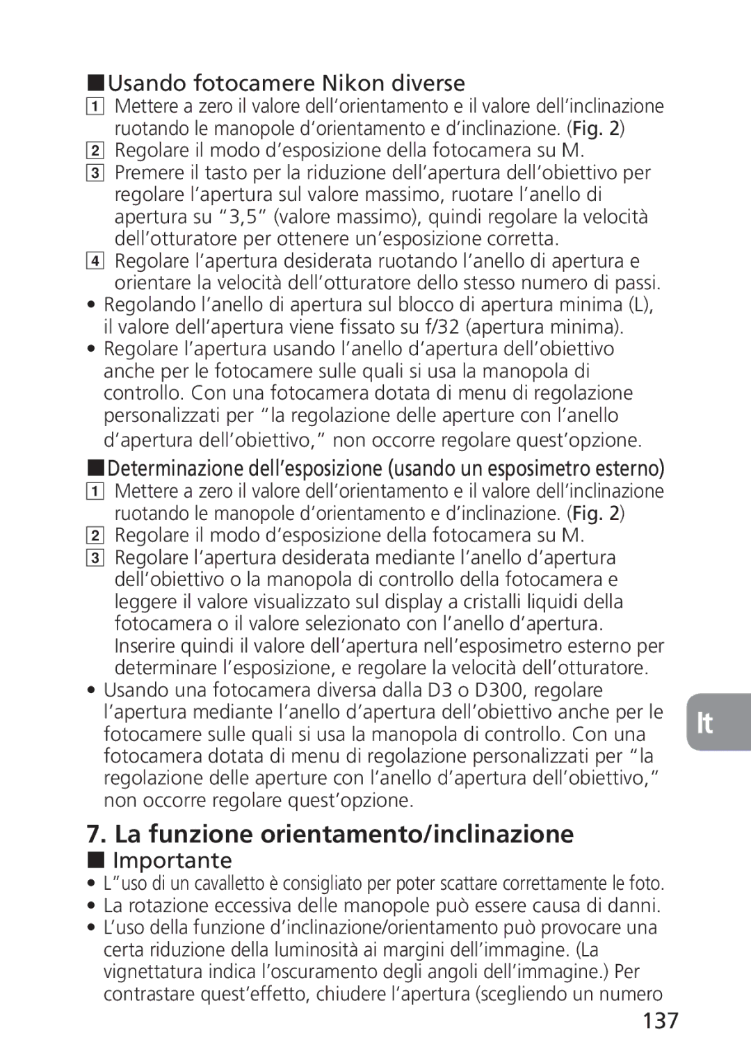 Nikon 2168, PC-E user manual La funzione orientamento/inclinazione, Usando fotocamere Nikon diverse, 137 