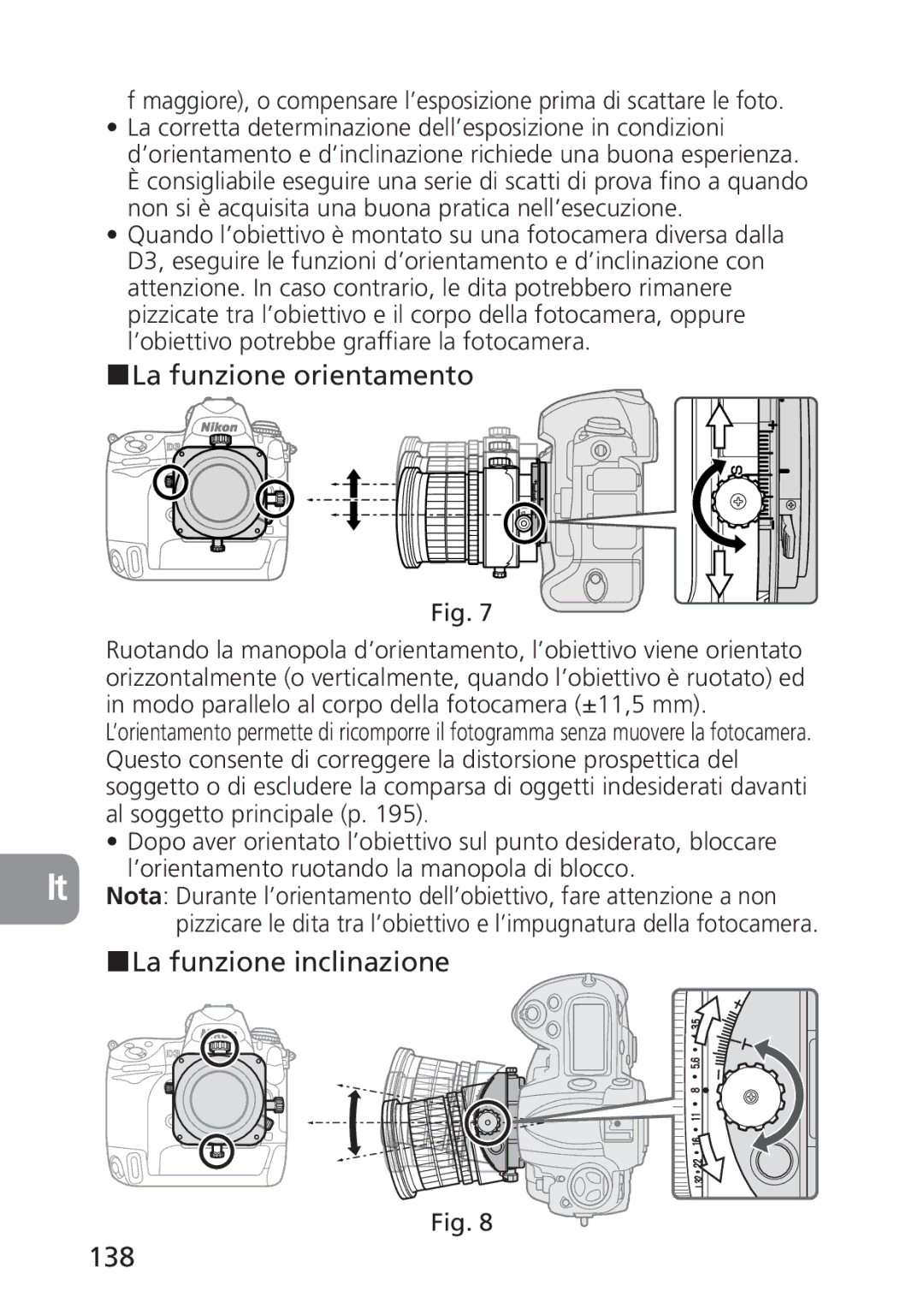 Nikon PC-E, 2168 user manual La funzione orientamento, La funzione inclinazione 138 