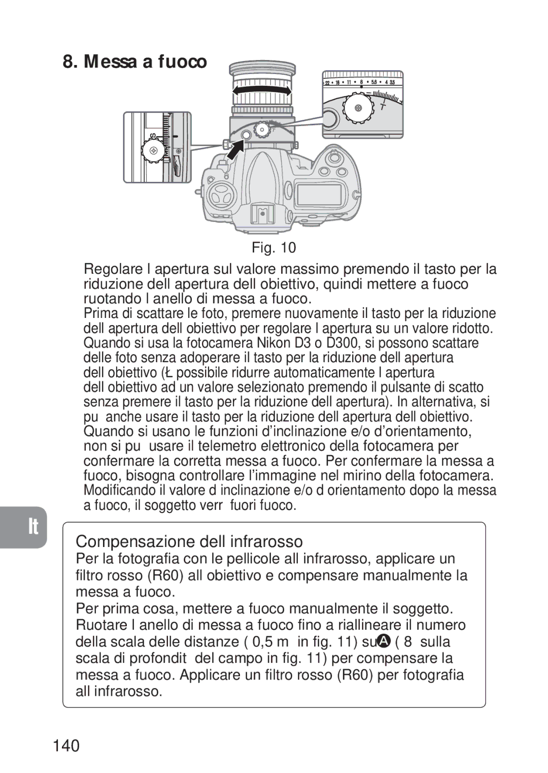 Nikon PC-E, 2168 user manual Messa a fuoco, Compensazione dell’infrarosso, 140 