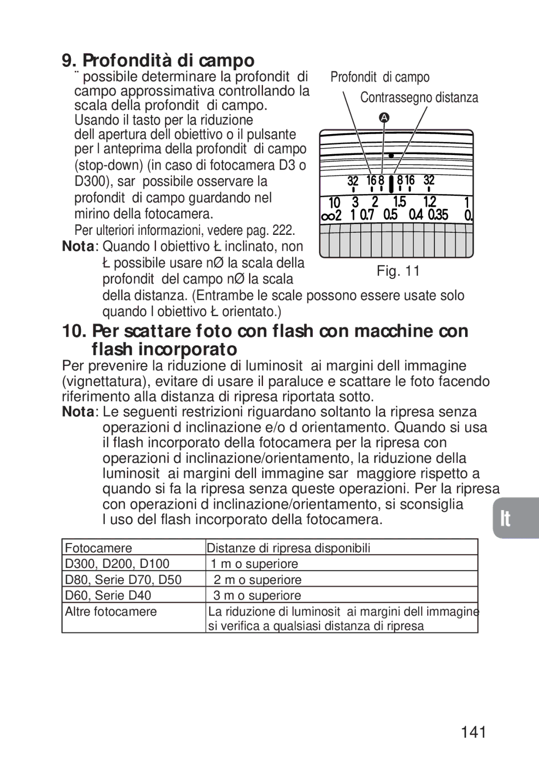 Nikon 2168, PC-E user manual Profondità di campo, 141, Riferimento alla distanza di ripresa riportata sotto 