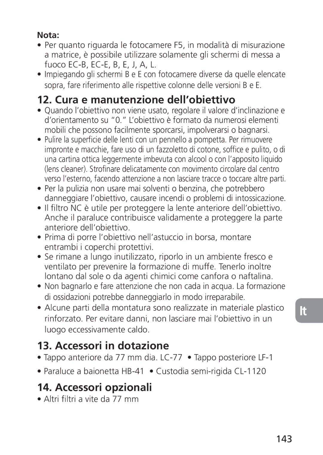 Nikon 2168, PC-E user manual Cura e manutenzione dell’obiettivo, Accessori in dotazione, Accessori opzionali, 143 