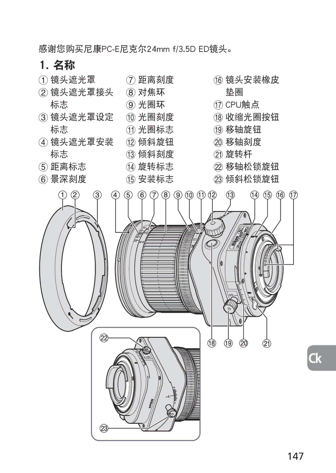 Nikon 2168 user manual 147, 感谢您购买尼康PC-E尼克尔24mm f/3.5D ED镜头。, 镜头遮光罩 距离刻度 镜头安装橡皮 镜头遮光罩接头 对焦环 光圈环, Cpu 触点 