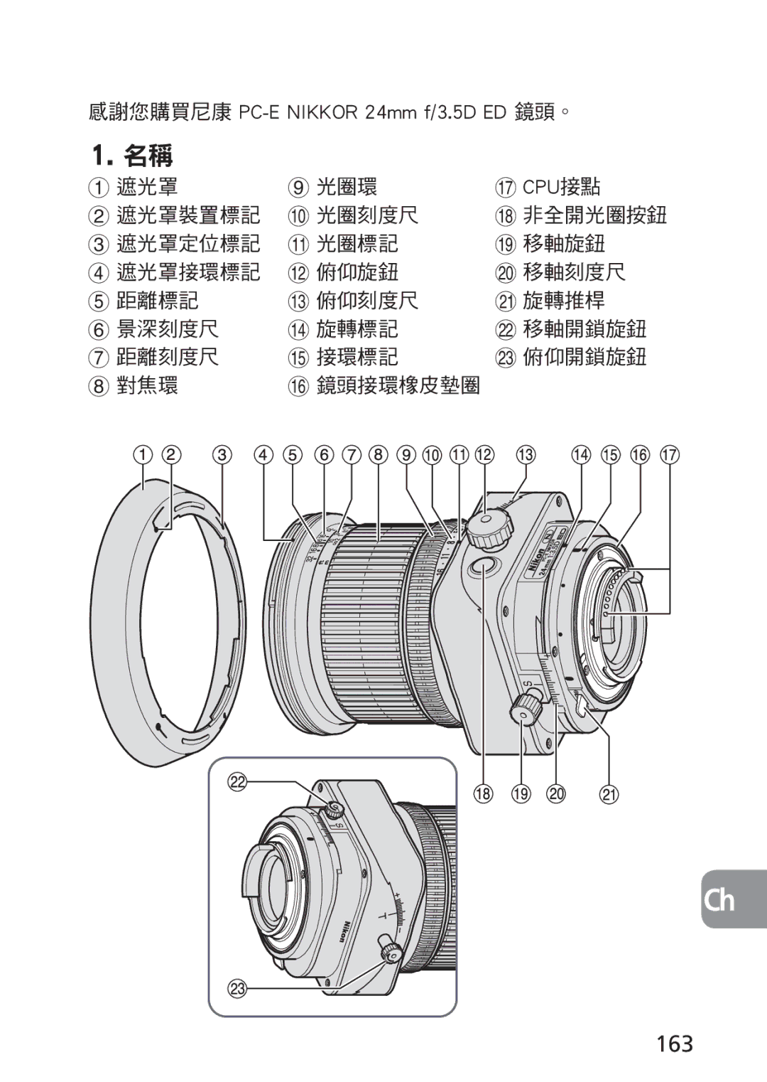 Nikon 2168 user manual 163, 感謝您購買尼康 PC-E Nikkor 24mm f/3.5D ED 鏡頭。, Cpu 接點 