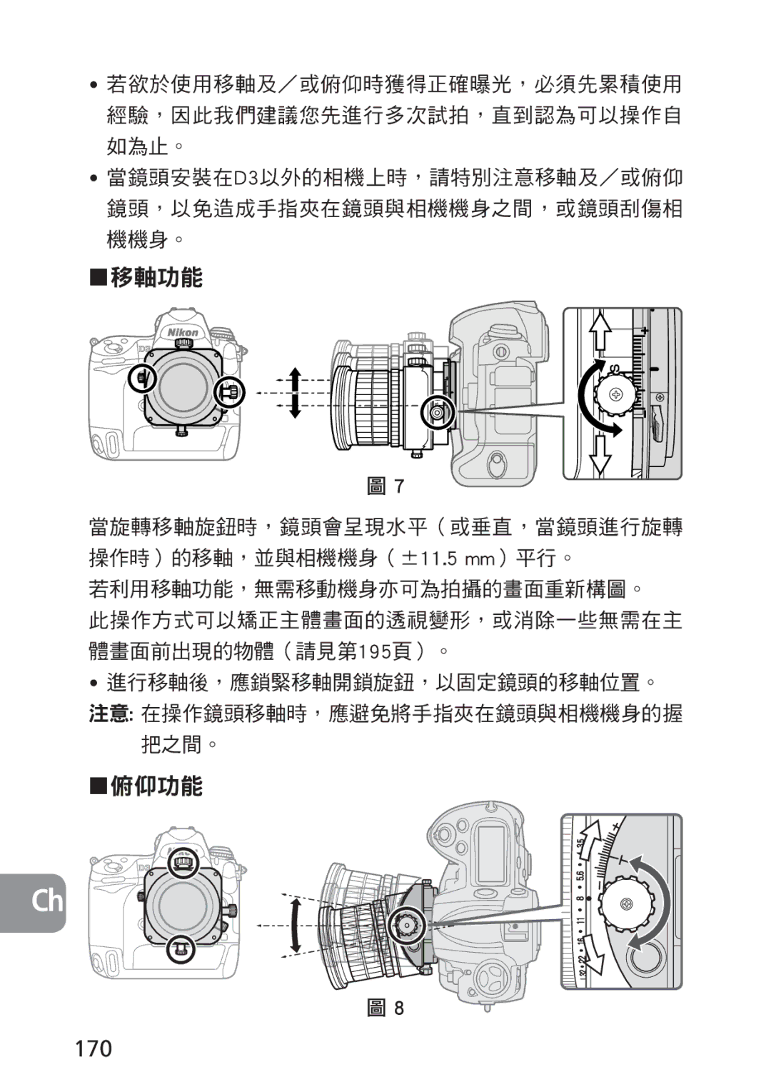 Nikon PC-E, 2168 user manual 移軸功能, 俯仰功能, 170 