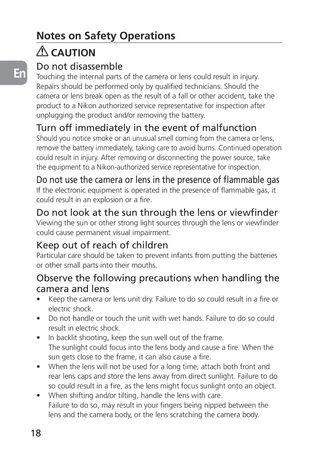 Nikon PC-E, 2168 Do not disassemble, Turn off immediately in the event of malfunction, Keep out of reach of children 