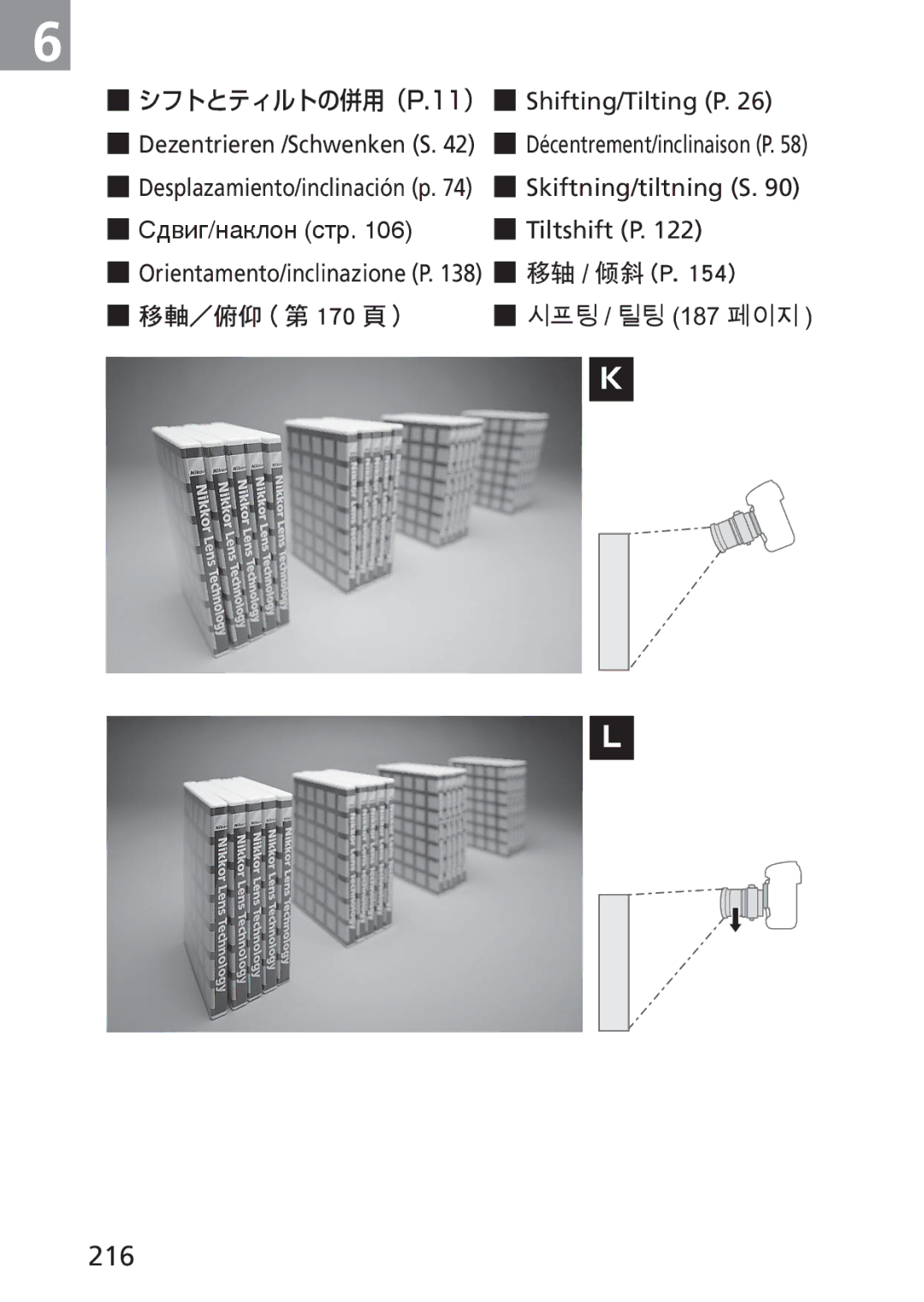 Nikon PC-E, 2168 user manual シフトとティルトの併用（P.11） Shifting/Tilting P, Skiftning/tiltning S 