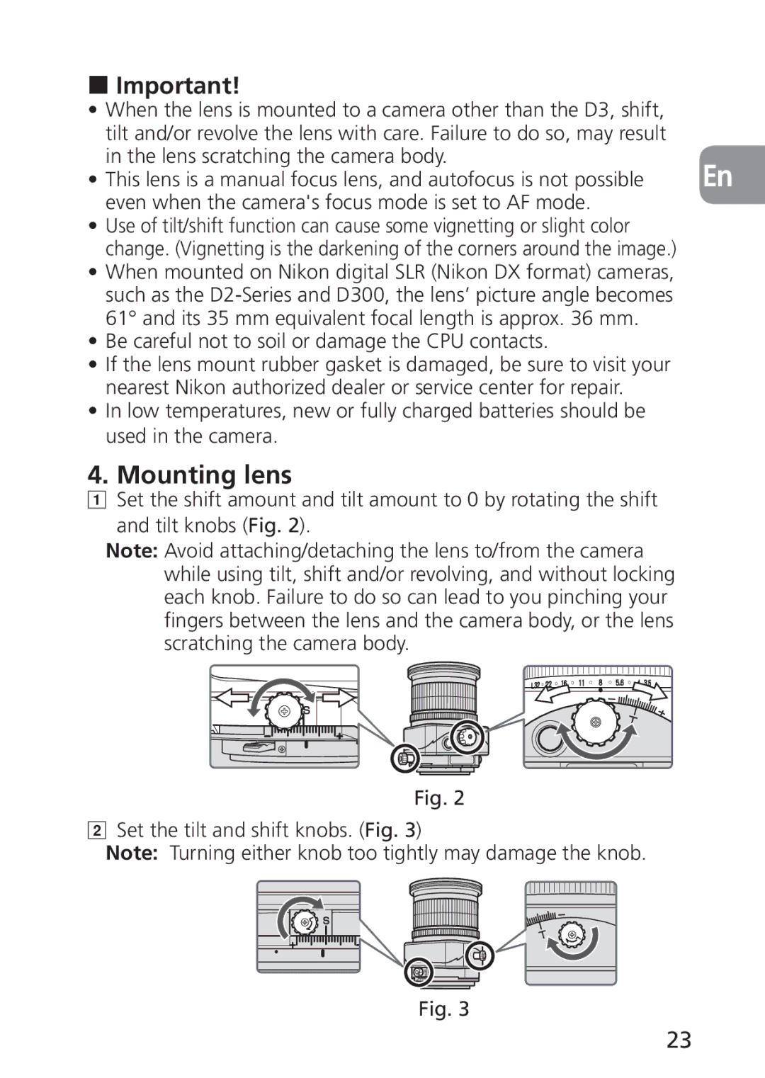 Nikon 2168, PC-E user manual Mounting lens, Be careful not to soil or damage the CPU contacts 