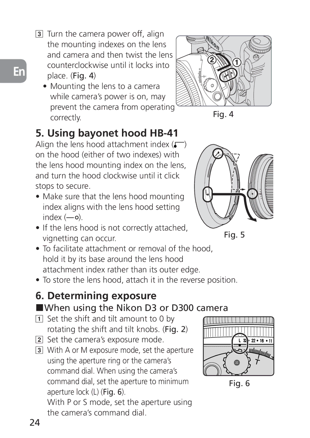 Nikon PC-E, 2168 user manual Using bayonet hood HB-41, Determining exposure, When using the Nikon D3 or D300 camera 