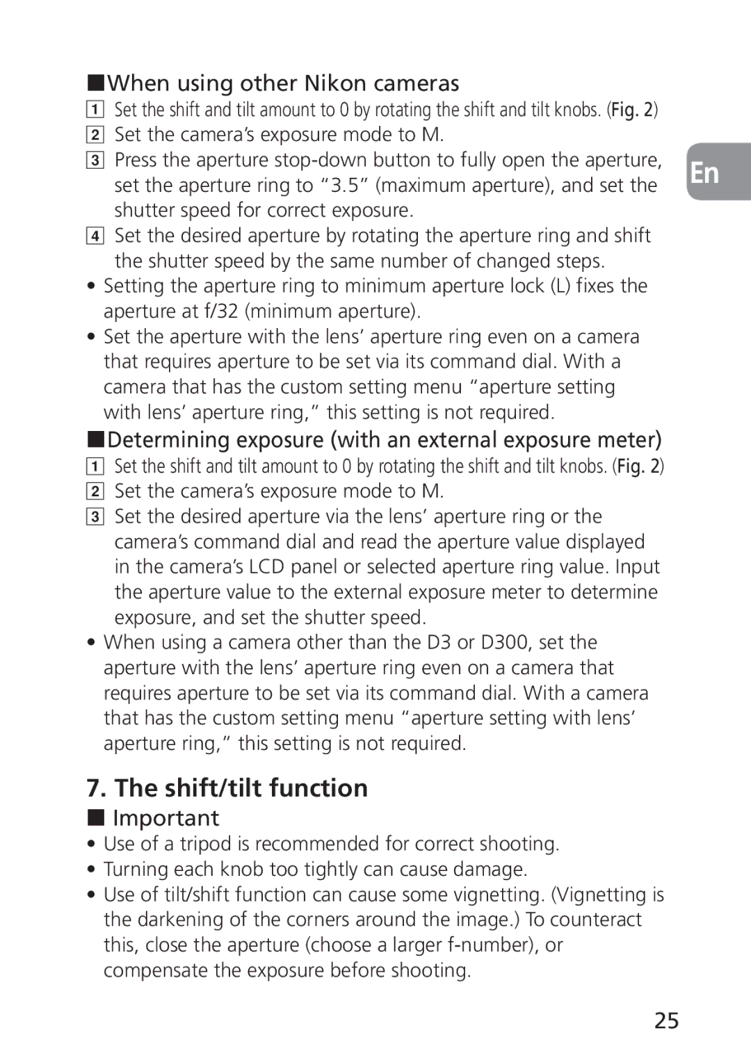 Nikon 2168, PC-E Shift/tilt function, When using other Nikon cameras, Determining exposure with an external exposure meter 